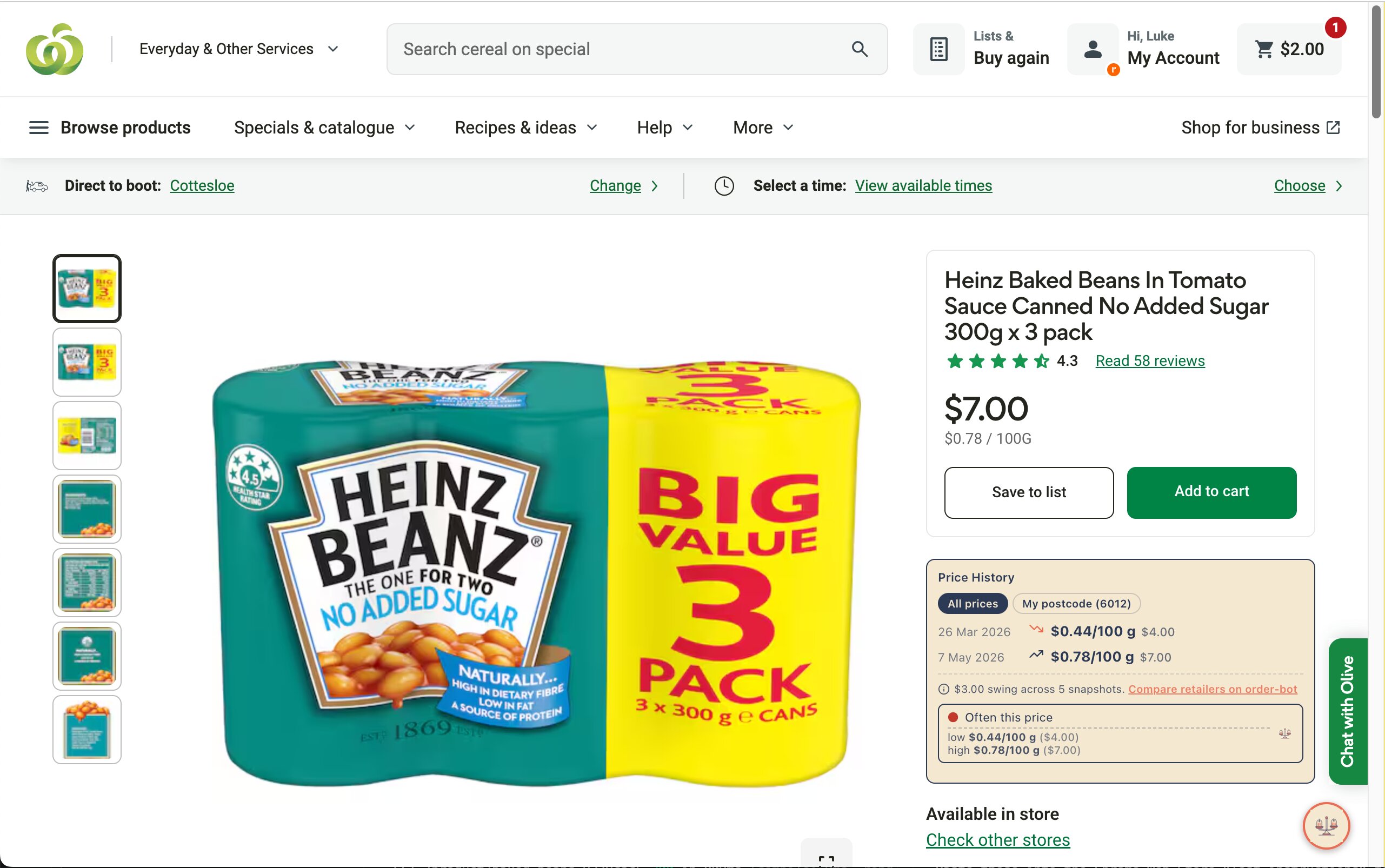 Woolworths search results annotated by Order-Bot with cheapest-elsewhere prices